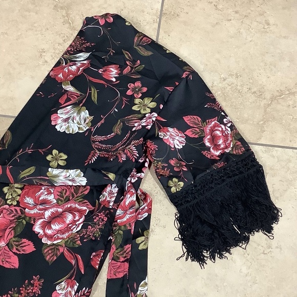 🌸KIMONO ROBE LONG MAXI FLOWER BOHO FRINGE SILK - Picture 7 of 12